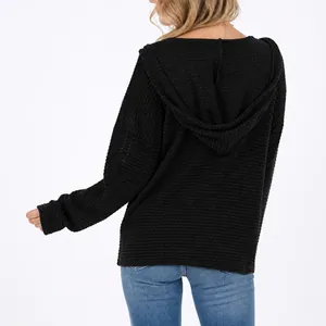 Women's black waffle knit hooded jacket casual loose fit zip up cardigan back view