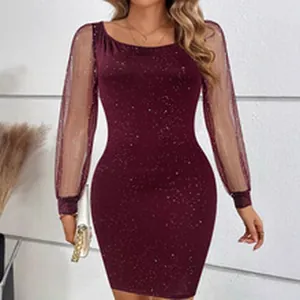 Elegant burgundy sparkly bodycon dress with long sheer mesh sleeves and glitter finish