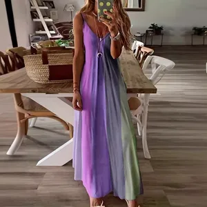 Summer colorful gradient striped camisole maxi dress for women in a slim fit lifestyle view