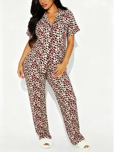 Fashionable two-piece leopard print pajama set with lapel shirt and long pants