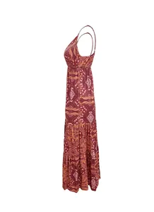 Side view of bohemian red paisley maxi dress with V-neck and spaghetti straps