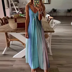 Stylish bohemian colorful gradient sleeveless maxi dress featuring vertical stripes