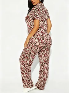 Back view detail of women's red leopard print pajama set with short sleeves and pants