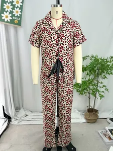 Leopard print women's pajama set featuring short sleeve lapel top and matching long pants