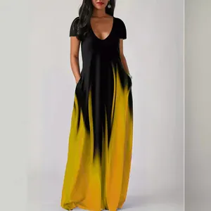 Summer loose V-neck maxi dress with black and yellow gradient flame print and pockets