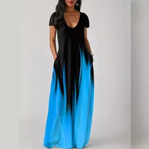 Women's casual loose printed maxi dress with V-neck and pockets for summer style