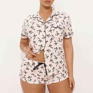 Women Summer Short Sleeve Pajama Set Casual Printed Two-Piece Lounge Set Top And Bottom With Bow Heart Pattern Sleepwear