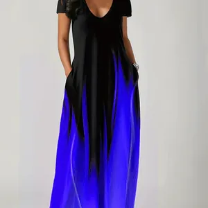 Summer loose-fit V-neck maxi dress featuring a blue gradient print and functional pockets