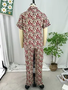 Back view detail of women's red leopard print pajama set with short sleeve shirt