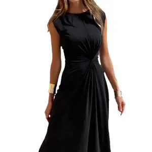 Elegant black sleeveless round neck maxi dress with twisted waist detail for women