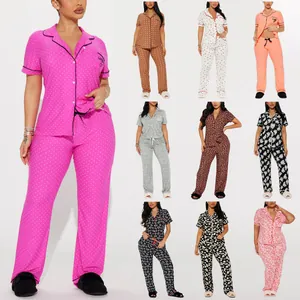 Women Top And Bottom Pajamas Set Printed Lapel Short Sleeve Long Pants Sleepwear Leopard Polka Dot Heart Nightwear Homewear