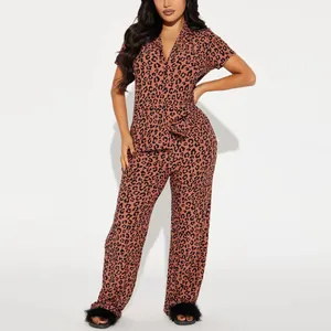 Leopard print women's two-piece pajama set featuring short sleeve shirt and long pants
