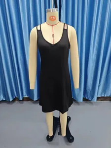 Front view of a classic black sleeveless V-neck slim fit mini dress on a dress form