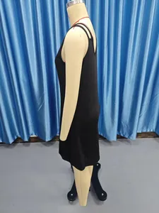 Side view of a minimalist black sleeveless V-neck slim fit midi dress displayed on mannequin.