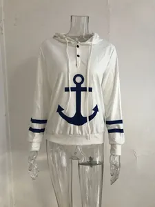 Detail of white nautical hoodie with blue anchor print and sleeve stripes on mannequin