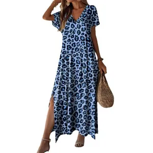 Stylish summer blue leopard print V-neck maxi dress with short sleeves and loose fit