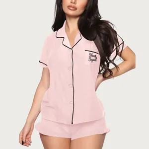 Conjunto de pijama rosa de manga corta para mujer con bolsillo Sleep Squad y ribete negro