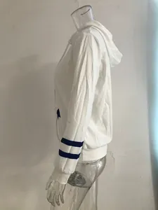 Side view detail of white hooded sweatshirt with blue cuff stripes and soft fabric.