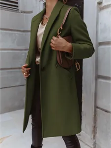 Detail of an elegant olive green mid-length woolen coat with a lapel collar for women