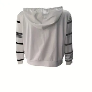 Detailed back view of a white hooded sweatshirt featuring black striped sleeve prints for casual wear