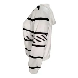 Side view detail of a white and black striped long-sleeved hooded sweatshirt