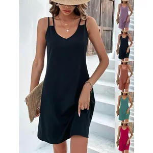 Summer V Neck Spaghetti Strap Sleeveless Slim Fit Midi Dress Solid Color Bodycon Sundress For Women Vacation Party Top