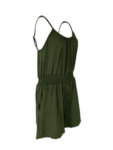 Detail view of olive green summer cami romper with an elastic waist and side pockets