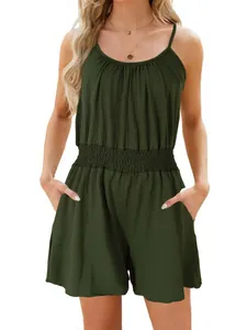 Army green summer romper with spaghetti straps and cinched elastic waist for women