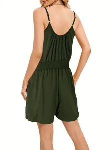Detail view of summer dark green sleeveless romper with elastic waist back detail