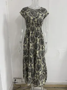 Detailed view of vintage baroque print maxi dress with V-neck and smocked waist