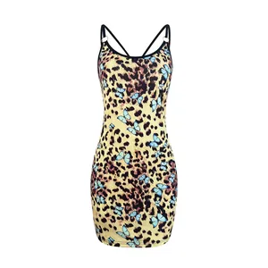 Sexy leopard and blue butterfly print bodycon camisole dress with cross back straps