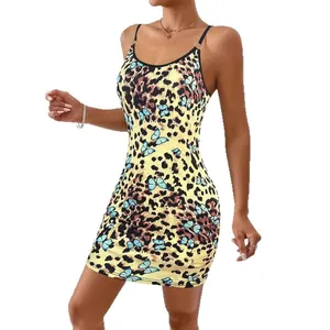 Sexy leopard and butterfly print camisole mini dress for women's summer fashion