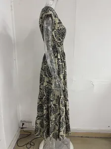 Elegant vintage floral print maxi dress with V-neck and short sleeves side view