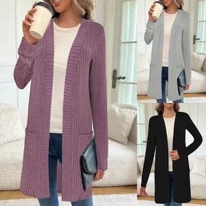 Damen Übergrößen Langer Strickmantel Mit Offener Vorderseite Casual Einfarbig Gerippt Lockere Oberbekleidung Mit Taschen Polyester Top
