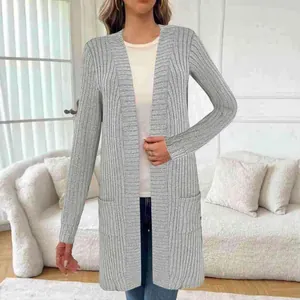 Eleganter grauer langärmliger Rippstrick-Cardigan mit Taschen für Damen, offene Vorderseite
