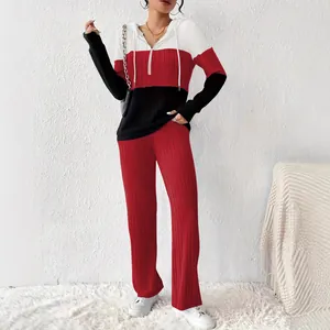 Women's casual color block hooded sweatshirt and matching wide-leg pants lounge set
