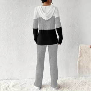 Casual three-tone color-block hooded loungewear set for women with ribbed texture
