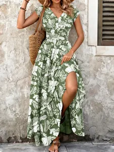 Vintage green floral maxi dress with elegant V-neck and high side split detail view