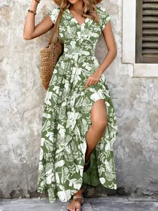 Vintage green floral maxi dress with elegant V-neck and high side split detail view