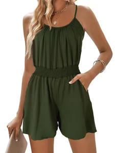 Stylish women's summer dark green spaghetti strap romper with an elastic cinched waist