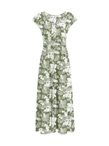 Detail view of green vintage tropical print maxi dress with V-neck and short sleeves