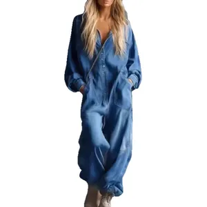 Chic denim print long sleeve jumpsuit with large pockets and elastic cuffs