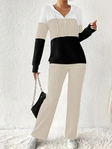 Elegant three-tone colorblock ribbed hooded tracksuit two-piece set for women