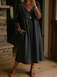 Abito midi casual con scollo a V e maniche a tre quarti in tessuto simil denim grigio scuro