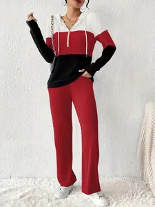 Women's autumn color-block hooded sweatshirt and red ribbed knit pants two-piece set