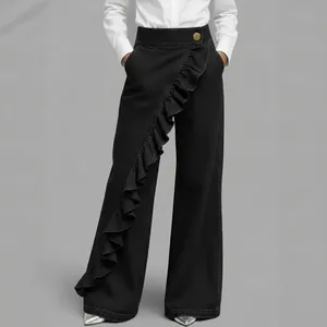 Retro high waist wide-leg black denim pants featuring a stylish diagonal ruffle detail