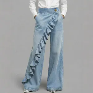 Retro high-waisted light blue denim wide-leg pants with irregular ruffle front detail
