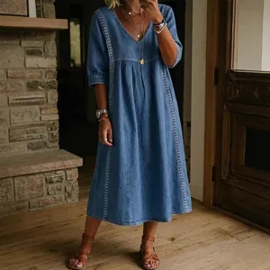 Vestito Midi da Donna Casual Scollo a V Maniche a Metà Finto Denim Vestito Pullover Ampio con Dettaglio Ricamo Pizzo e Tasche Moda Elegante Streetwear Vestito