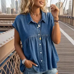 Women Casual Imitation Denim Top Babydoll Shirt With Lapel Short Sleeve Button Down Blouse Commuter Summer Clothing