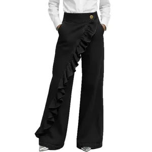 Retro high-waisted black wide-leg denim trousers with an elegant irregular ruffle design